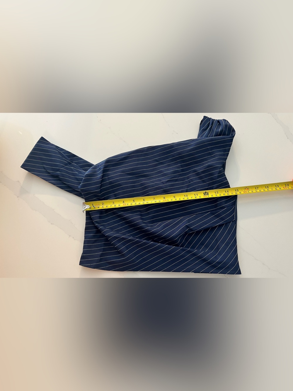 Commense Navy Pinstripe One-Shoulder Crop Top & Wide-Leg Pants Set - Picture 8 of 14